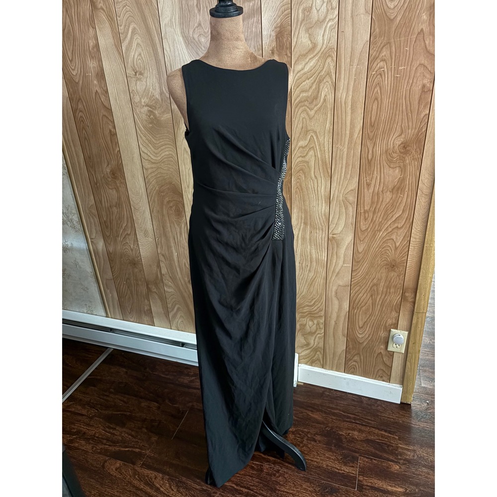Halston Heritage Black‎ Cowl Back Rhinestone Trim Ruched Maxi Gown Dress Size 6